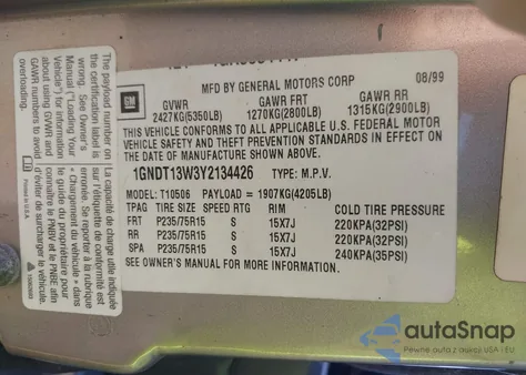 2000 Chevrolet Blazer Ls from USA, damaged, VIN 1GNDT13W3Y2134426